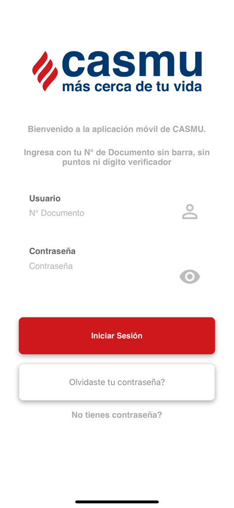Casmu Cerca mobile app login screen featuring fields for user ID and password along with a sign-in button.