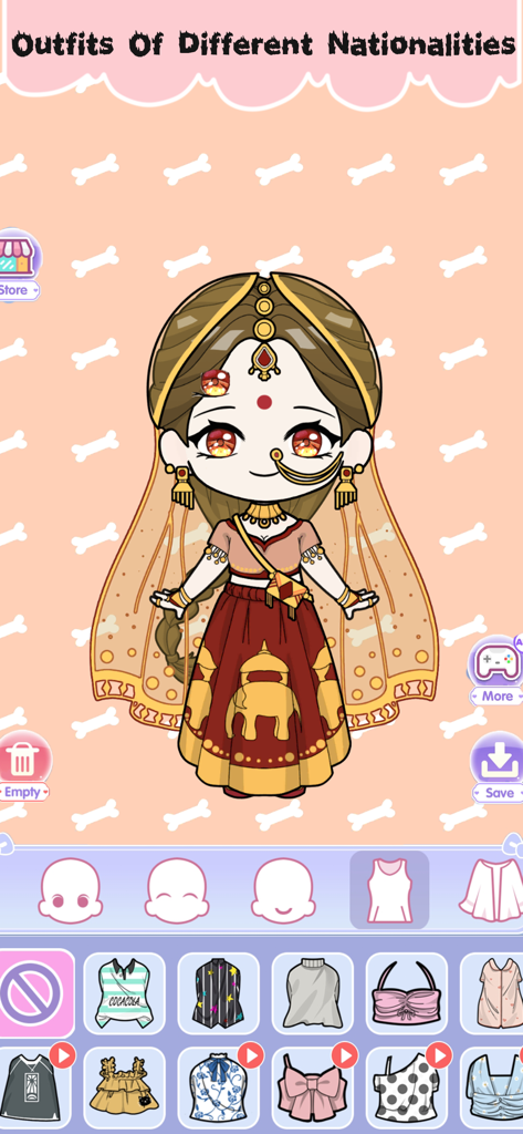 Character customization screen in Vlinder Dolls showing a doll in traditional Indian dress and jewelry