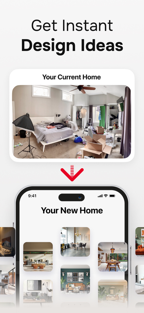 AI Interior Design Remodel App - AI Interior Design app showing transformation from a messy current room to new home design ideas on a smartphone screen.