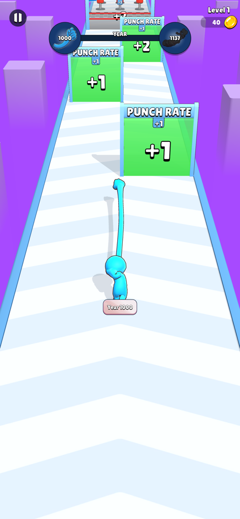 Gameplay of Punch Machine featuring a blue character moving through green gates to increase punch rate stats on a runner track
