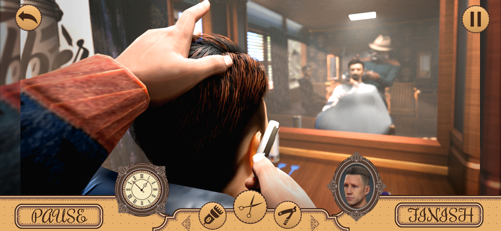 Barber games: Hair tattoo Shop - Vista en primera persona de un barbero virtual cortando el pelo con una navaja de afeitar en un simulador de salón realista