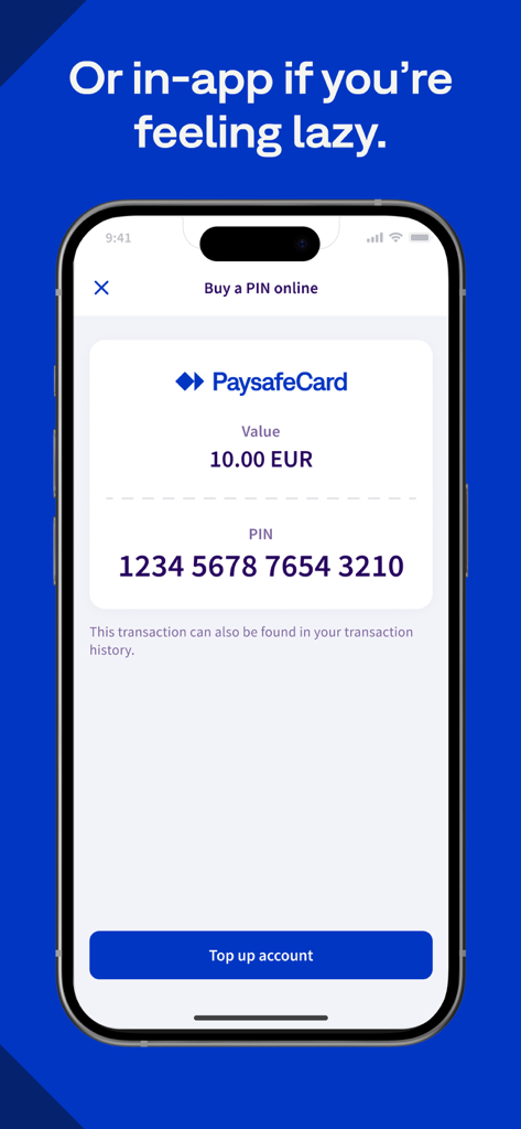 PaysafeCard - prepaid payments - 10ユーロのプリペイドPINをオンラインで購入するためのPaysafeCardアプリのインターフェースを示すiPhone画面