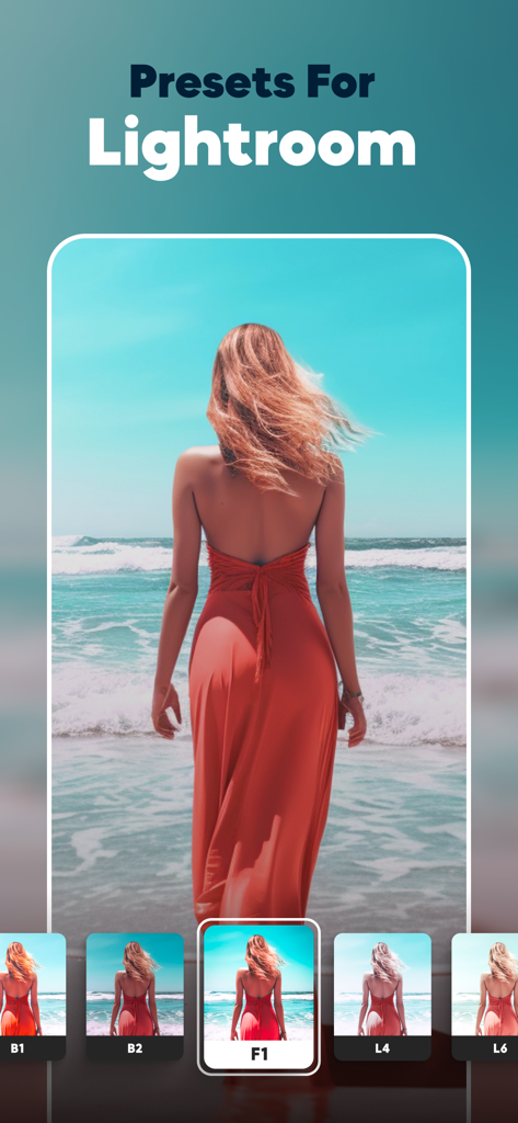 Presets for Lightroom : LRP AI - Interfaz de la aplicación móvil mostrando diferentes filtros y presets de fotos aplicados a una foto de una mujer en una playa