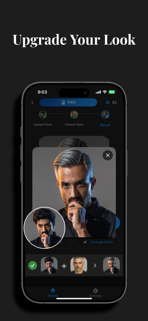 HairLook - Hairstyle Try On - Experimentação de penteado com IA para homens mostrando uma transformação de cor de cabelo grisalho no aplicativo HairLook