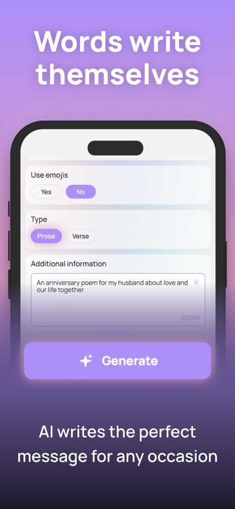SingMyWish - AI Songs & Poems - Interfaz de la aplicación SingMyWish para generar mensajes IA personalizados