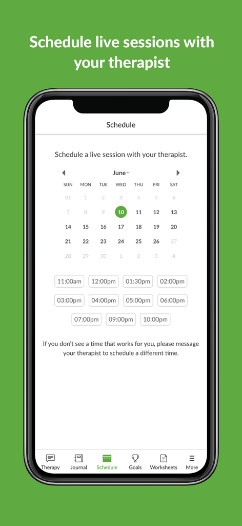 BetterHelp - Therapy - ライブセラピーセッションを予約するためのカレンダーと利用可能な時間スロットを表示するBetterHelpアプリのインターフェース