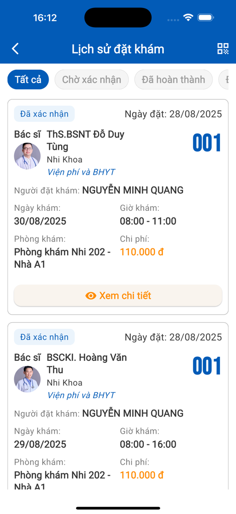 Y Khoa Việt Đức - A screenshot of the Y Khoa Viet Duc app showing a history of confirmed medical appointments with doctor details and schedules