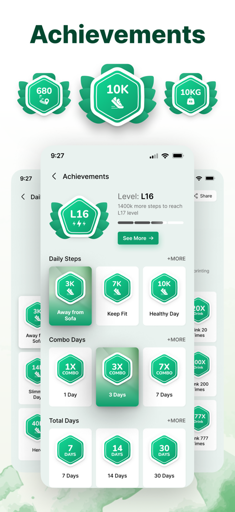 Step Counter and Pedometer App - Mobile app screen displaying fitness achievements and badges for daily steps and walking streaks.