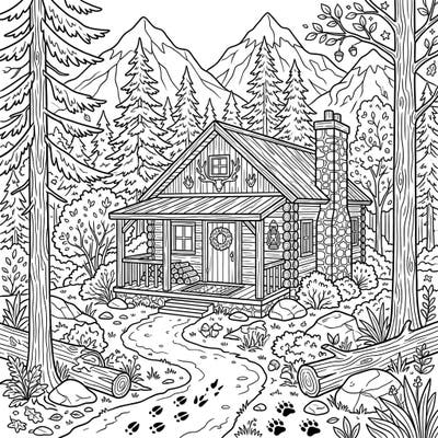 Discover an intricately designed rustic hunting cottage nestled in a serene mountain landscape, perfect for creative teens. This detailed coloring page invites you to bring a cozy wilderness retreat to life with your favorite colors.