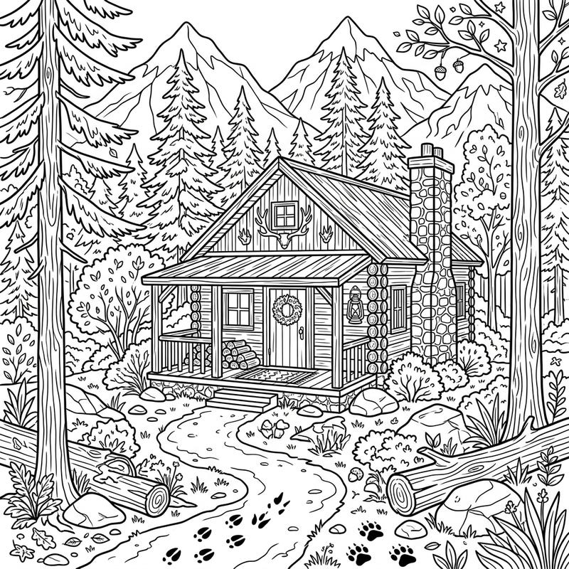 Discover an intricately designed rustic hunting cottage nestled in a serene mountain landscape, perfect for creative teens. This detailed coloring page invites you to bring a cozy wilderness retreat to life with your favorite colors.