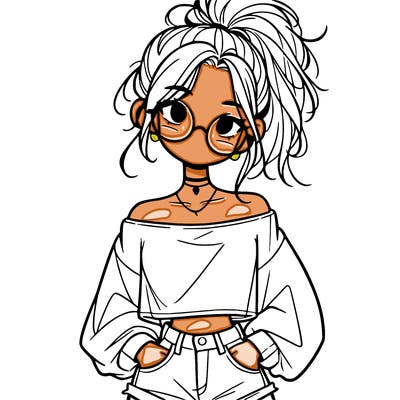 girl with a messy ponytail glasses a baggy crop top and jean shorts