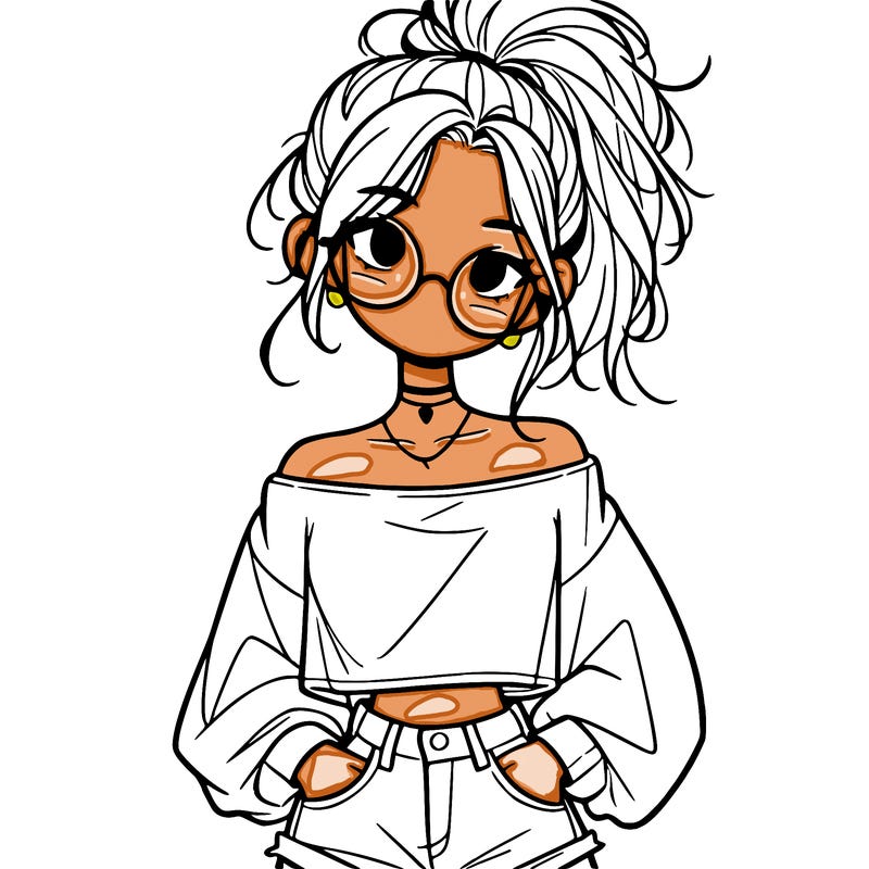 girl with a messy ponytail glasses a baggy crop top and jean shorts