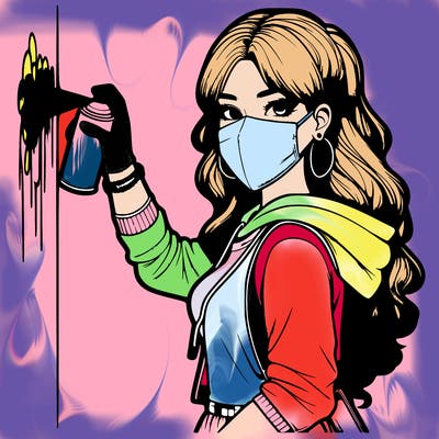 realistic girl with mask spray painting a wall