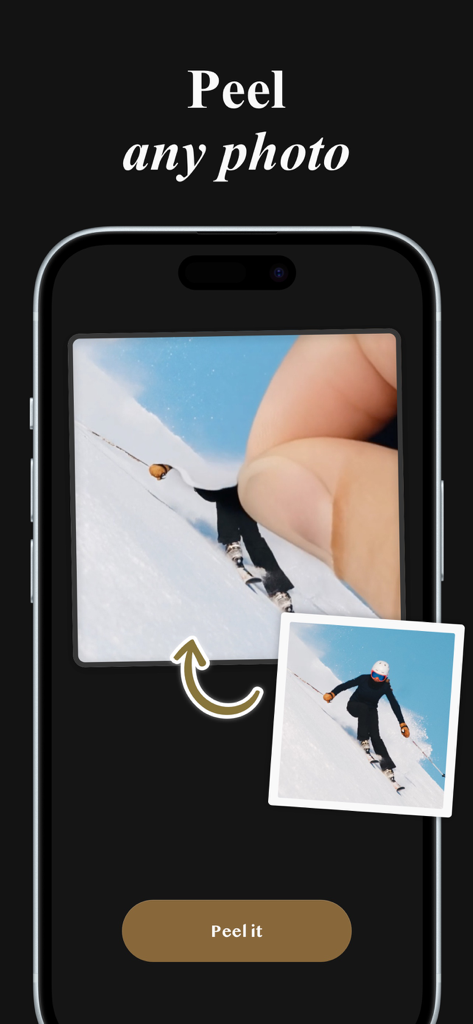 AI Pika Art-AI Video Generator - A smartphone screen showing the Pika AI Art app interface with a feature to peel a photo of a skier