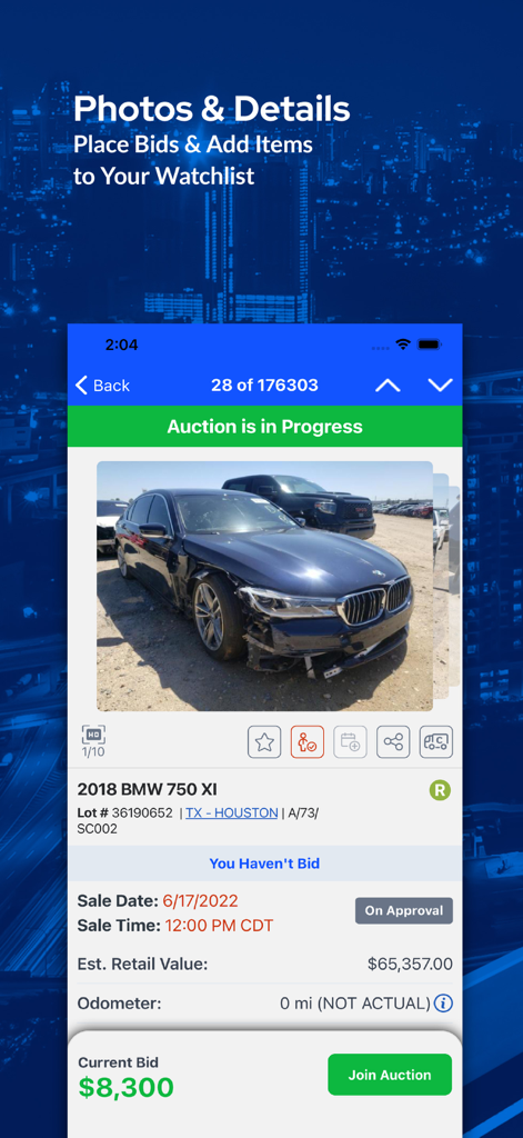 Copart - Online Auto Auctions - Copart app screenshot showing detailed information and bidding options for a 2018 BMW 750 XI in a live auction.