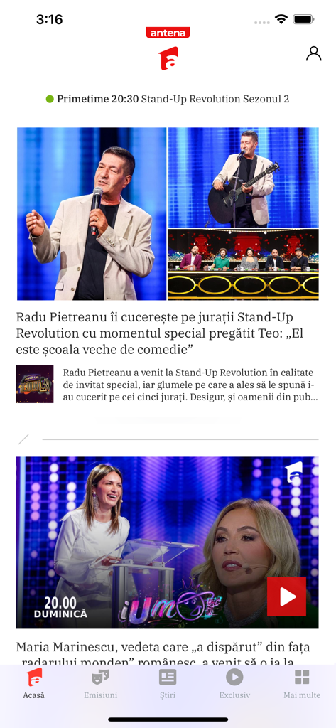Antena 1 - La schermata principale dell'app Antena 1 con notizie sull'intrattenimento rumeno e highlights dai popolari programmi TV