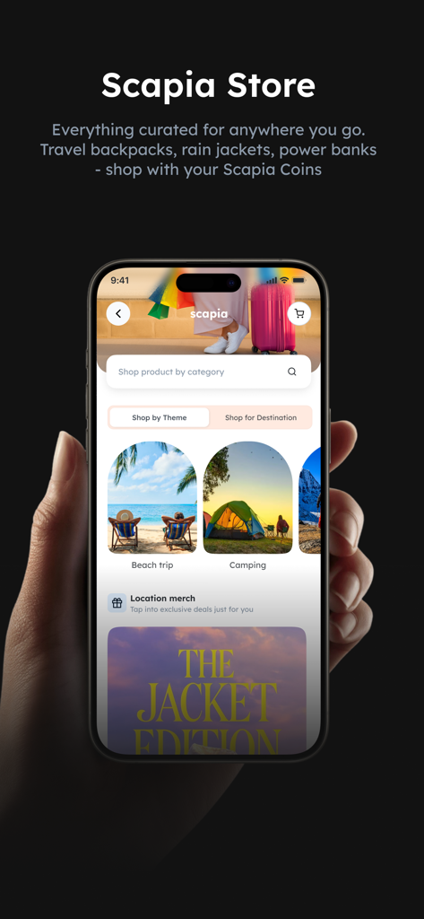 Scapia: A card for travellers - A mobile app interface for Scapia Store showing travel gear categories and products redeemable with Scapia coins
