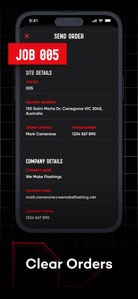 Flash.It - Oberfläche der Flash.It App mit Standort- und Firmendetails für eine Blechbestellung