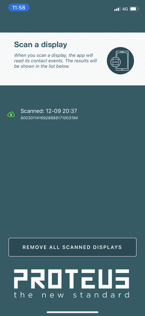 Mobile app screen for scanning and listing Proteus professional hardware displays with unique serial IDs and timestamps