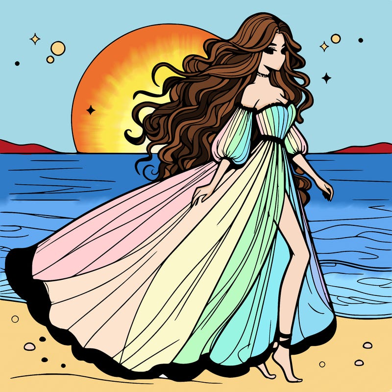 beautiful woman with a vaporous long dress walking on the beach at the noon, detailed art