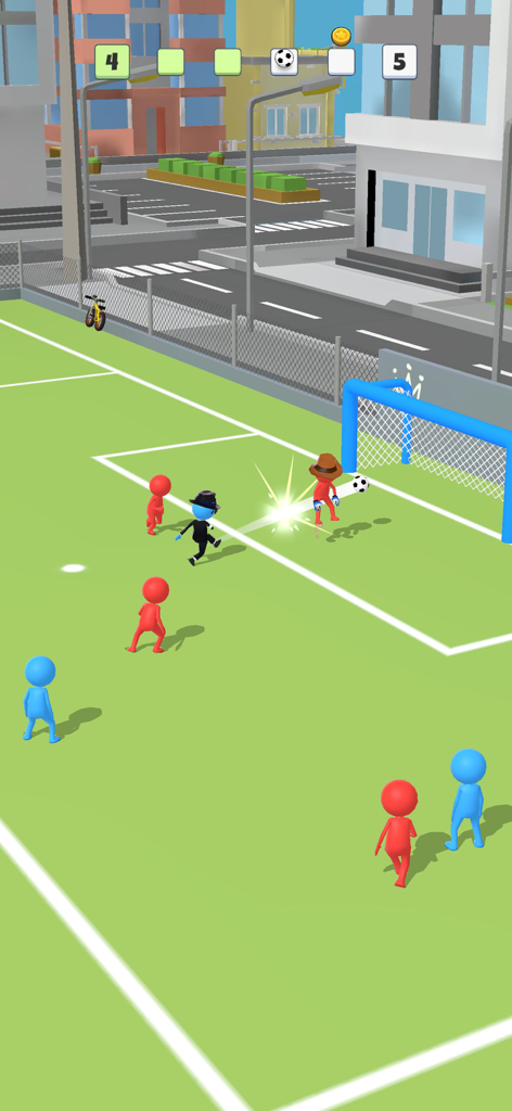 A character in a suit kicks a soccer ball towards a goal in the Super Goal mobile game.