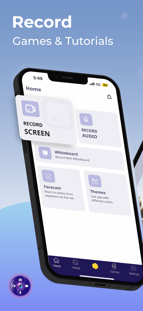 Screen Recorder: Create & Edit - Home screen of the Screen Recorder app showing options to record screen audio whiteboard and facecam