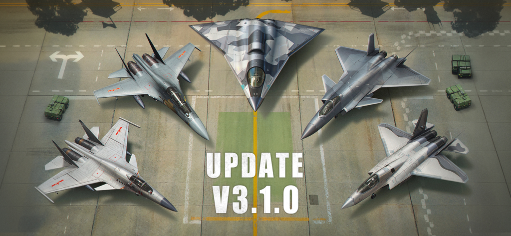 Ace Force: Joint Combat - Five fighter jets on a runway for Ace Force Joint Combat update v3.1.0
