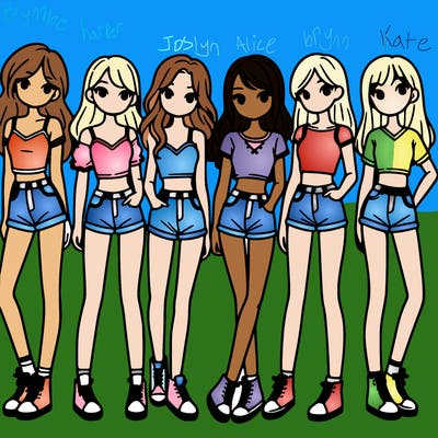 a group of girls wearing crop tops and shorts