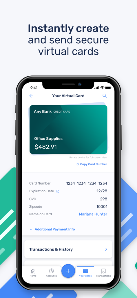 A smartphone screen displaying the Extend app showing a virtual credit card for office supplies with card details and transaction history.