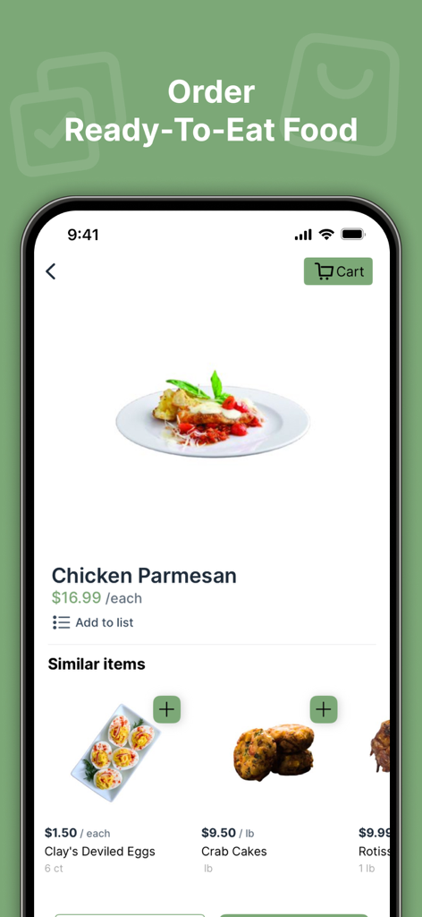 Pines-Pantry app interface for ordering ready-to-eat meals like Chicken Parmesan