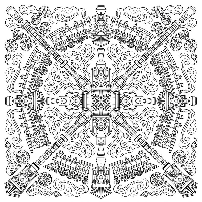 Embark on a captivating coloring journey with this unique steam train mandala, blending industrial heritage with intricate symmetrical artistry. Discover the joy of bringing these powerful locomotives to life within a mesmerizing radial design.