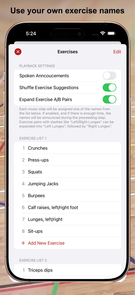 MC-Timer - Screenshot of the MC-Timer app interface showing a customizable exercise list and playback settings on an iPhone