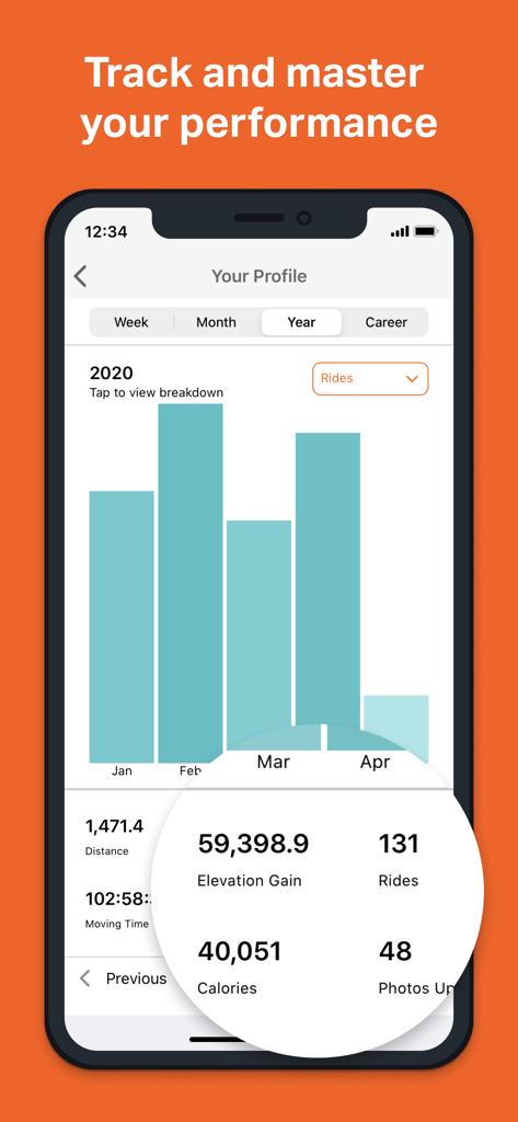 Ride with GPS: Bike Navigation - Una pantalla de smartphone que muestra métricas de rendimiento ciclista que incluyen estadísticas de ganancia de elevación y distancia en la aplicación Ride with GPS
