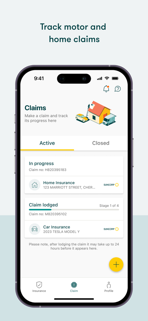Suncorp Insurance App - Pantalla de la App Suncorp Insurance mostrando el estado de reclamos activos de seguros de hogar y automóvil