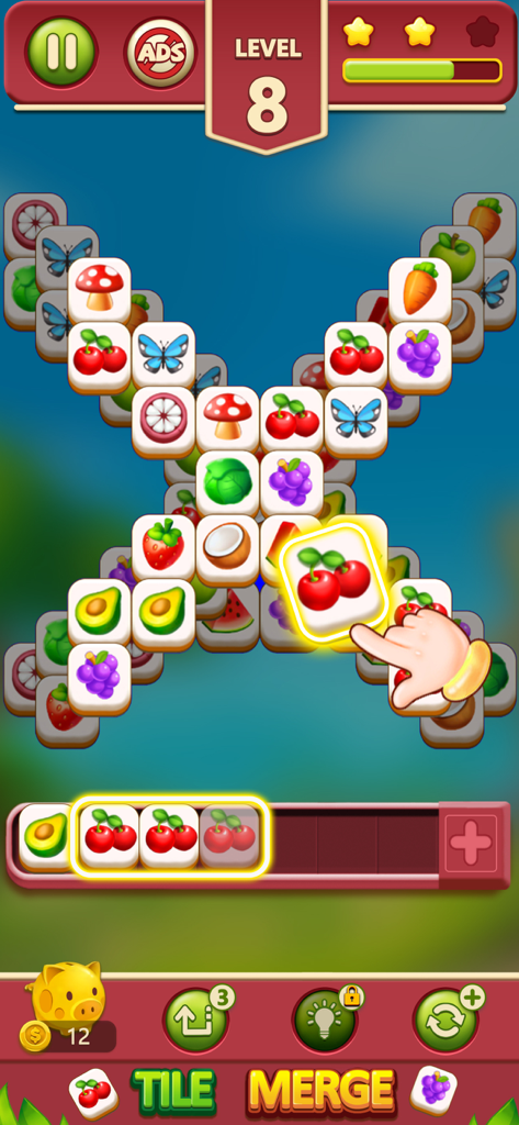 Tile Merge ：Match Puzzle - Gameplay screenshot of Tile Merge Match Puzzle showing a hand selecting cherry tiles to match on a puzzle board