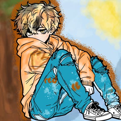 a male hoddie ripped jeans messy hair anime