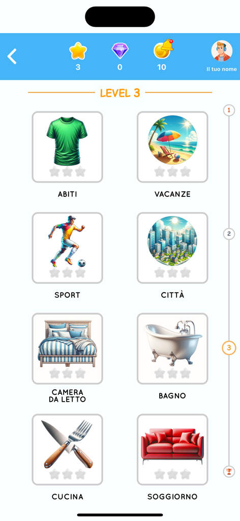 Learn Italian beginners - Learn Italian app interface showing level three vocabulary categories with colorful illustrations.