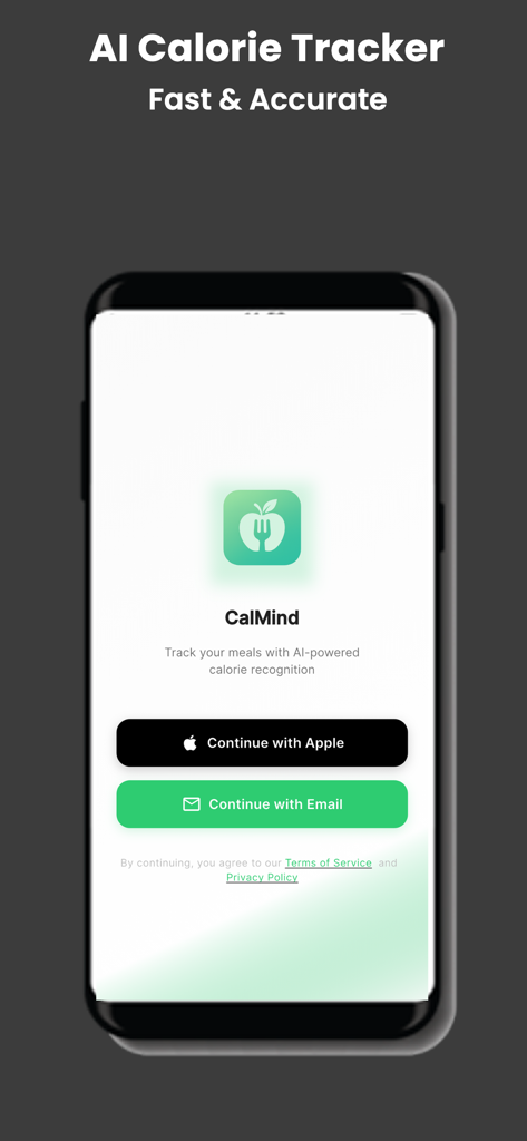 CalMind - AI Calorie Tracker - CalMind AI calorie tracker mobile app welcome and login screen