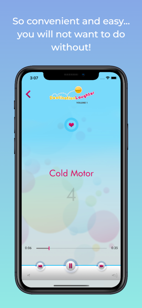 User interface of the Let's Laugh app playing a laughter yoga exercise titled Cold Motor with a simple audio player.