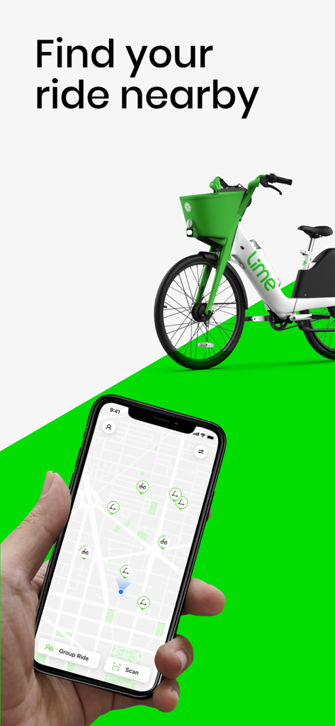 Lime app interface showing nearby bike and scooter locations on a map