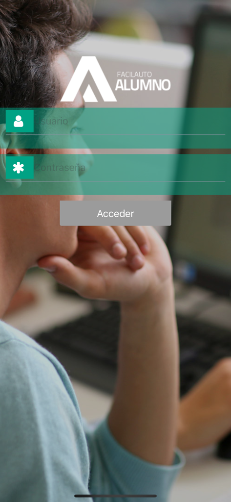 Facilauto - Pantalla de inicio de sesión de la aplicación Facilauto Alumno con campos de entrada de nombre de usuario y contraseña y botón de inicio de sesión