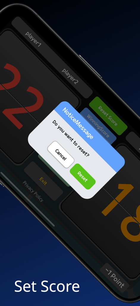 mintonBoard - Reset score confirmation screen on the mintonBoard badminton scoreboard app