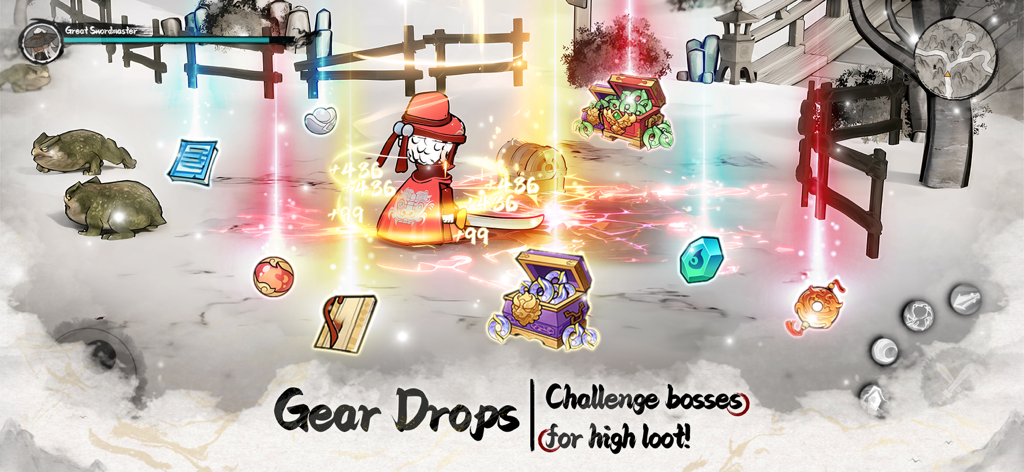 Wuxia Rising Star - A martial arts hero in Wuxia Rising Star surrounded by numerous treasure chests and legendary gear drops in a snowy environment