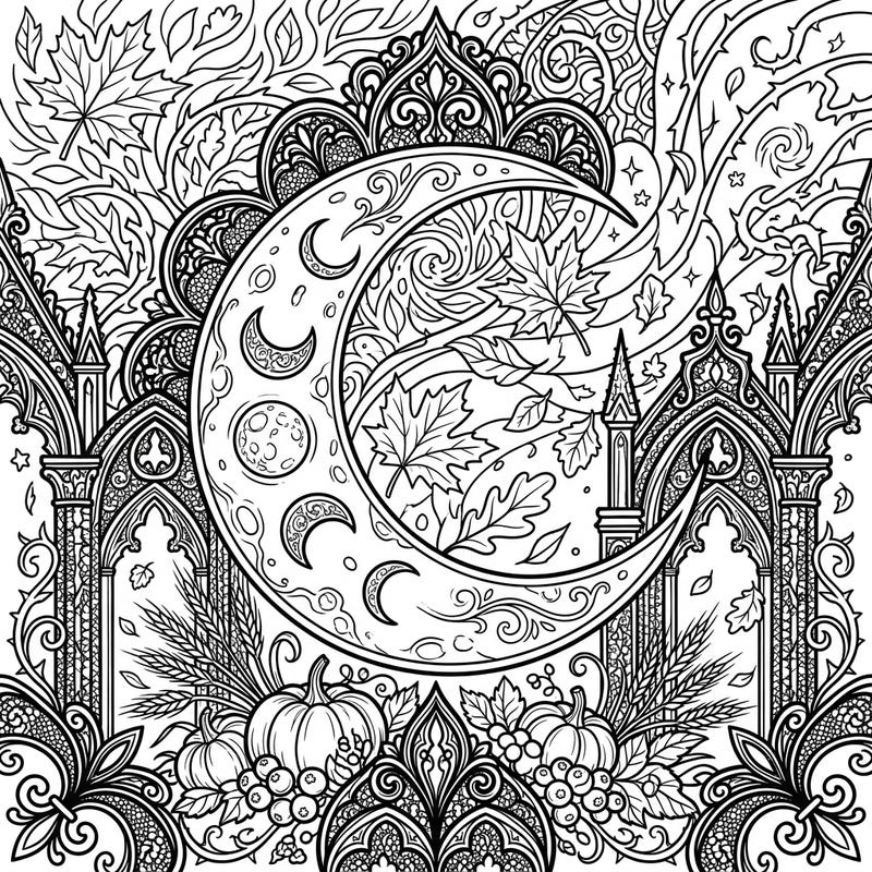 Unveil the enchanting blend of celestial beauty and autumnal charm with this Gothic Moon coloring page. Featuring intricate details of moon phases, falling leaves, and elegant Gothic architecture, it invites you to explore a world of mysterious harvest magic.