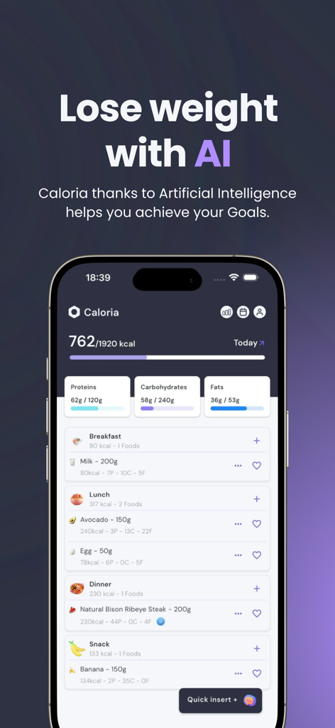 Caloria: Track calories Chat - Smartphone screen displaying Caloria app with calorie counter and macronutrient breakdown
