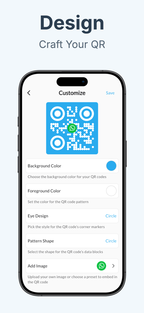 QRBot: Reader & Maker - Oberfläche der QRBot-App zeigt Optionen zur Anpassung von QR-Code-Farben, Formen und Logos