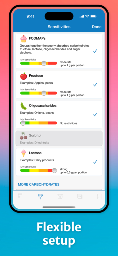 Food Intolerances - Customizable sensitivity settings screen for various food intolerances like FODMAPs and lactose.