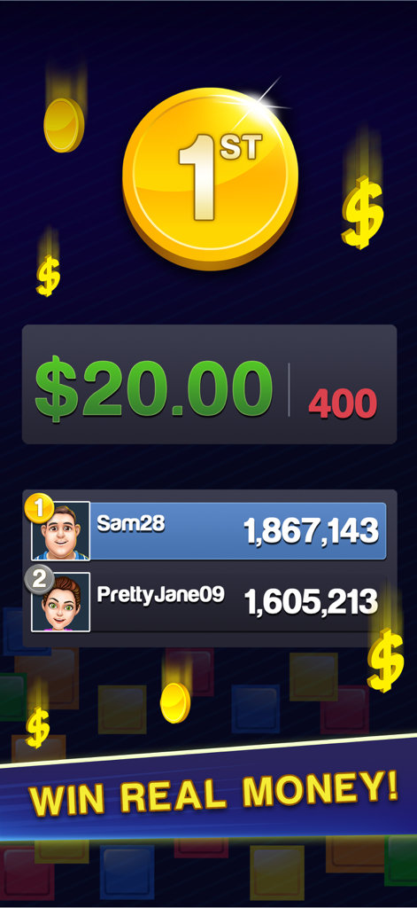 Una tabla de clasificación en la aplicación Block Blitz mostrando un premio en efectivo de veinte dólares y el primer puesto