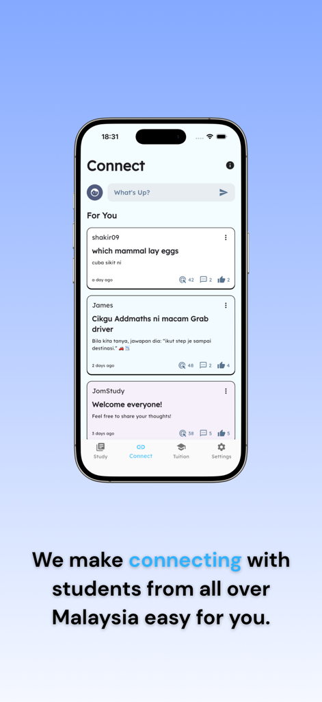 JomStudy app screen showing the Connect feature with a social feed for students to interact and ask study questions.