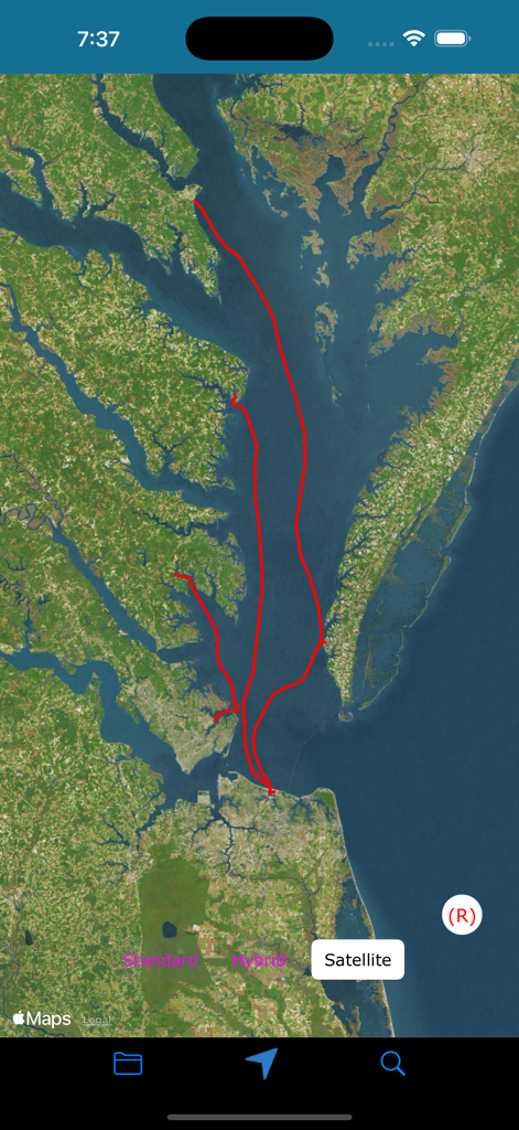 KML & KMZ Files Viewer - Satellite map view showing red navigation paths in the KML and KMZ Files Viewer app